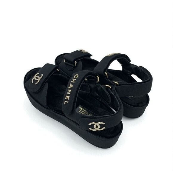 Chanel Sandals Shoes Fabric Velor Black Gold Rhinestone CC Coco Mark Logo Velcro - Picture 4 of 10